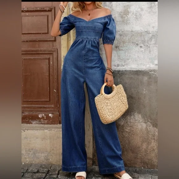 SHEIN Dark Blue Wide Leg Denim Jumpsuit M - Picture 2 of 7